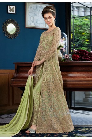 Light green satin embroidered pant style suit  4533A